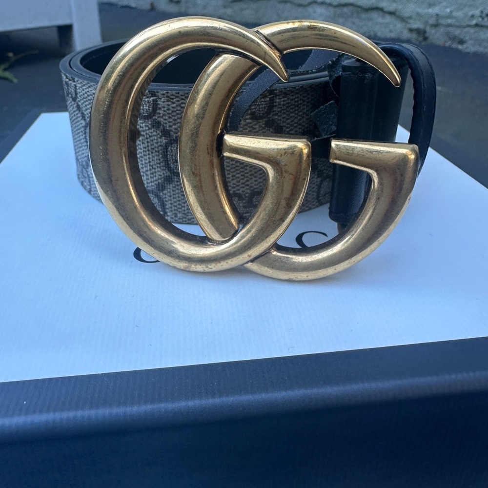 Gucci Monogram Leather Belt with Gold Accent